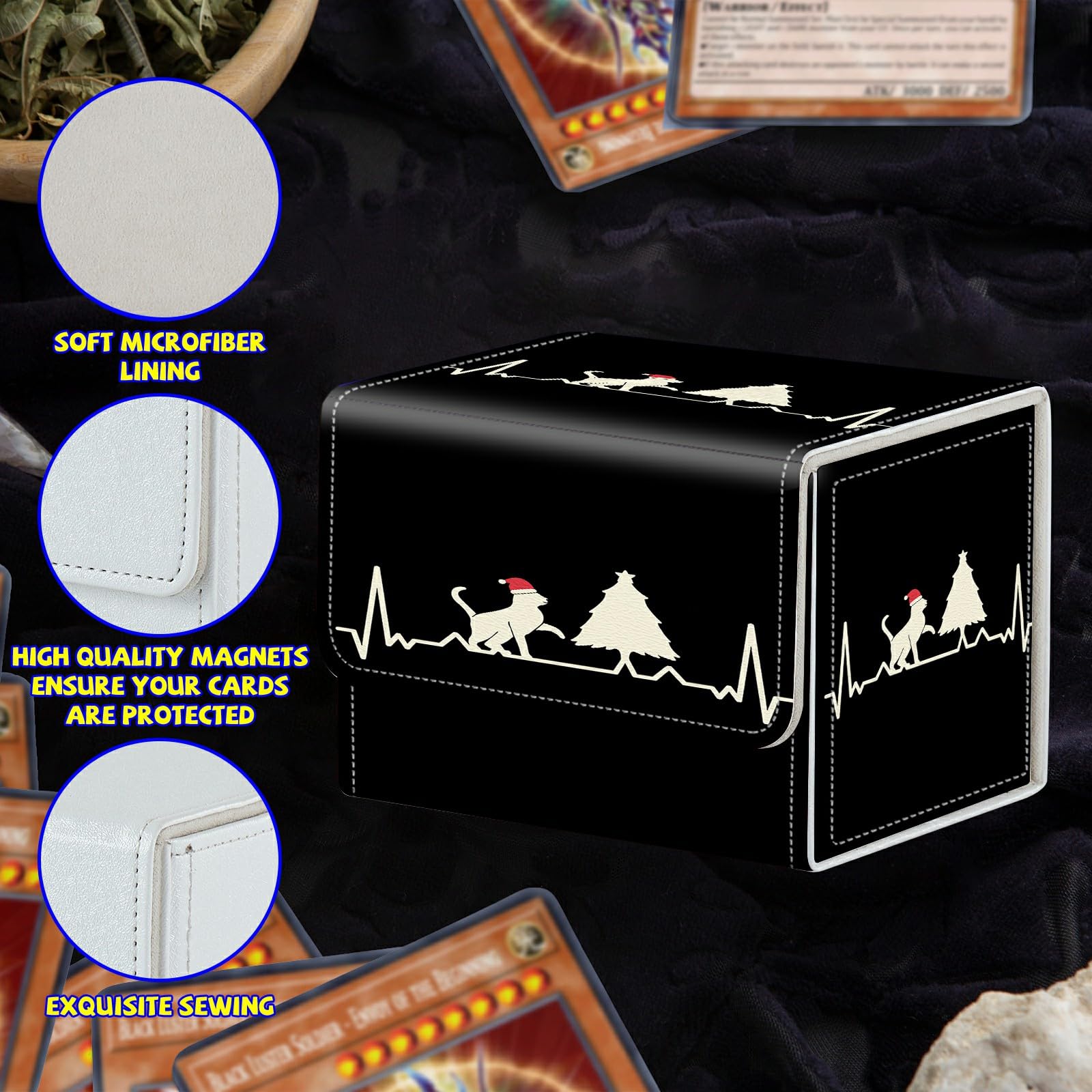 Amazon.com: Card Deck Box Plus 100 Counts Matte Black Card Sleeves, Cat  Christmas Tree for Collectible MTG TCG CCG Card Storage Box Horizontal  Holds 100+ Single Sleeved Cards, Leather Game Card Box
