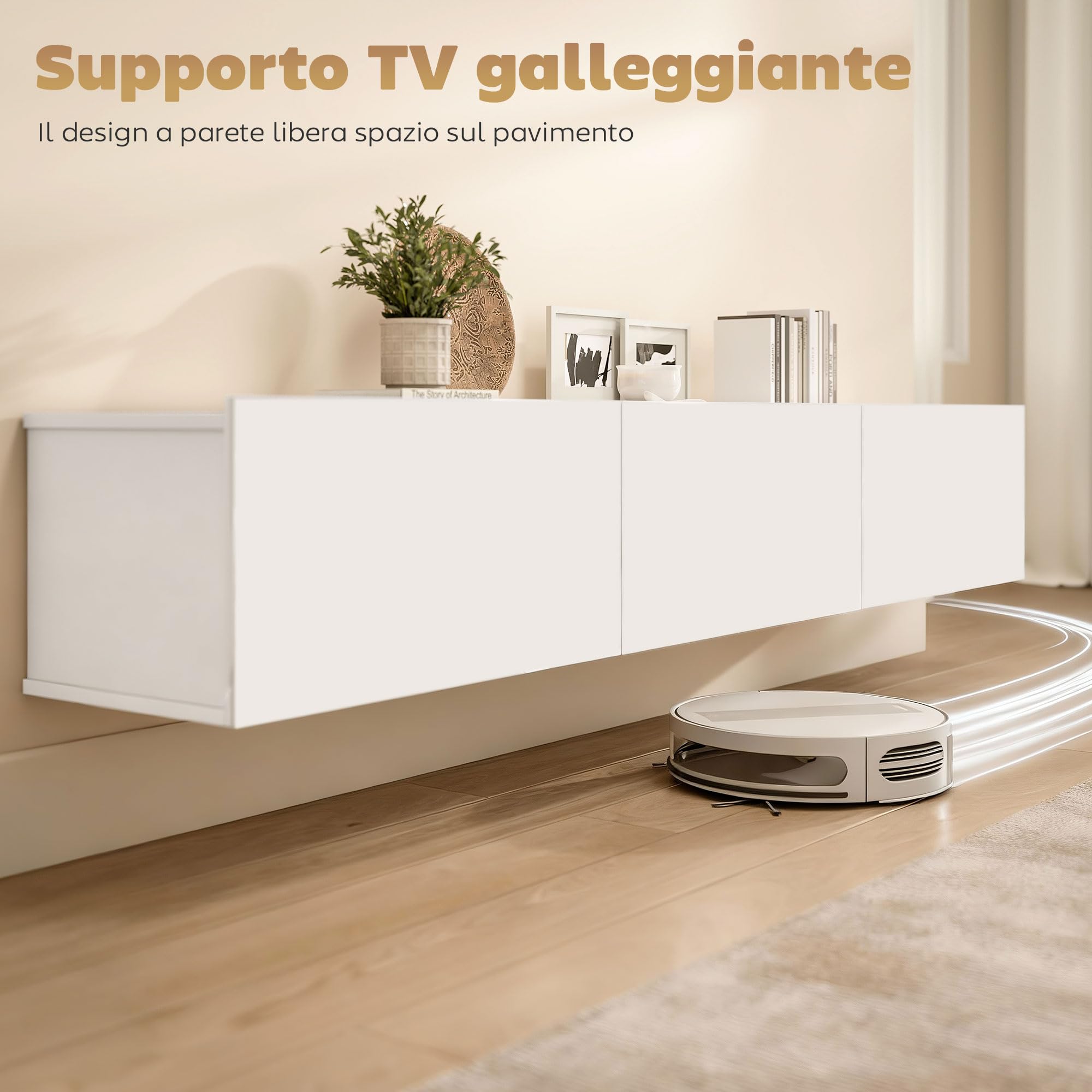 HOMCOM Mobile TV Sospeso, Mobile Porta TV Fino a 82" con Armadietti 3 Ante a Ribalta Soft Close, Mobiletto per Televisore per Soggiorno, Camera da Letto e Salotto, 180x31.5x29.8 cm, Bianco