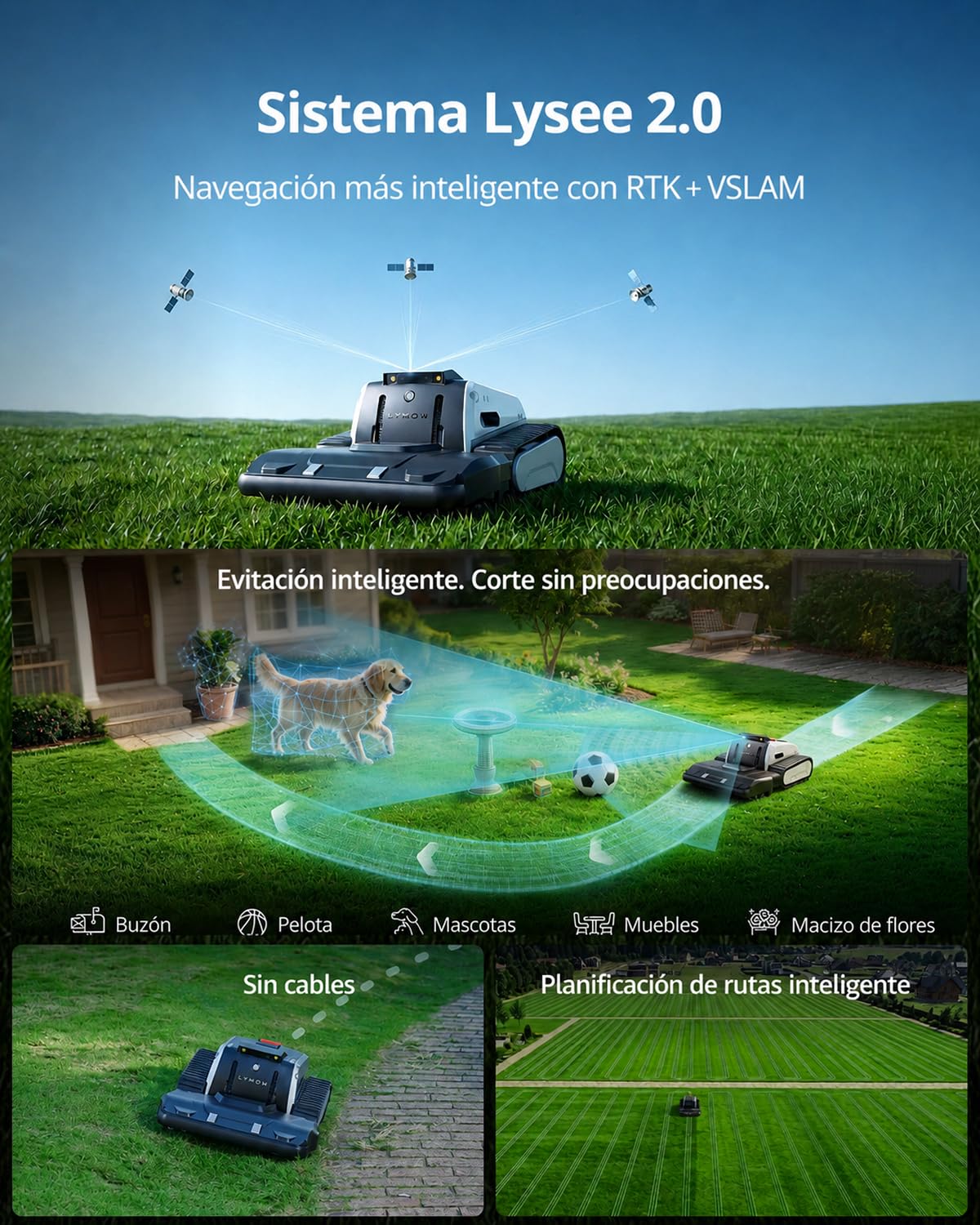 Lymow One Plus Robot Cortacesped sin Cable Perimetral, Evitación de Obstáculos con IA, Pendientes de 45°, Doble Cuchilla Rotativa SK5, Altura de Corte 30-100 mm, RTK+VSLAM, Gestión de 80 Zonas