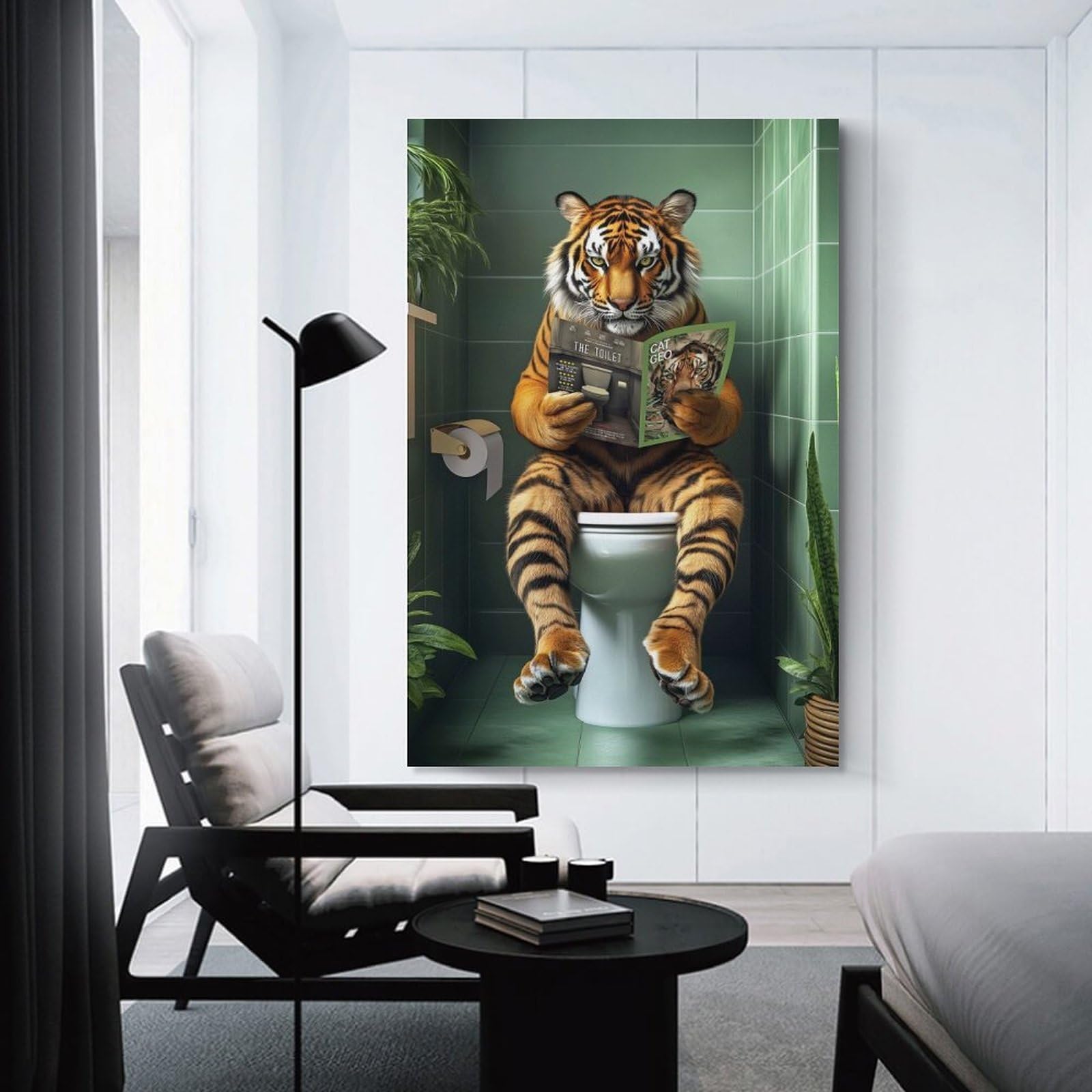Junmoney Tiger Reading Magazine in Bathroom Home Decor Wall Art 24x36inch(60x90cm), for Bedroom, Guest Room Or Reading Nook, Decorative Wall Art for Cosy Rooms