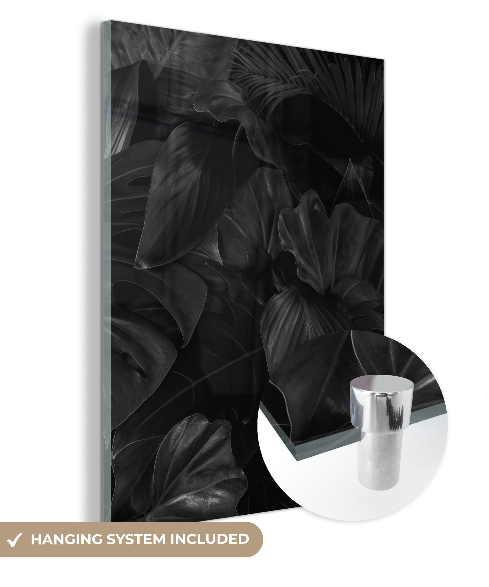 MuchoWow© Quadri Grande Formato 60x80 cm Mini Poster Parete Moderno Interno Stampa Foto Su Vetro Salotto Cornice Murale Arredamento Foglie - Nero - Piante - Scuro
