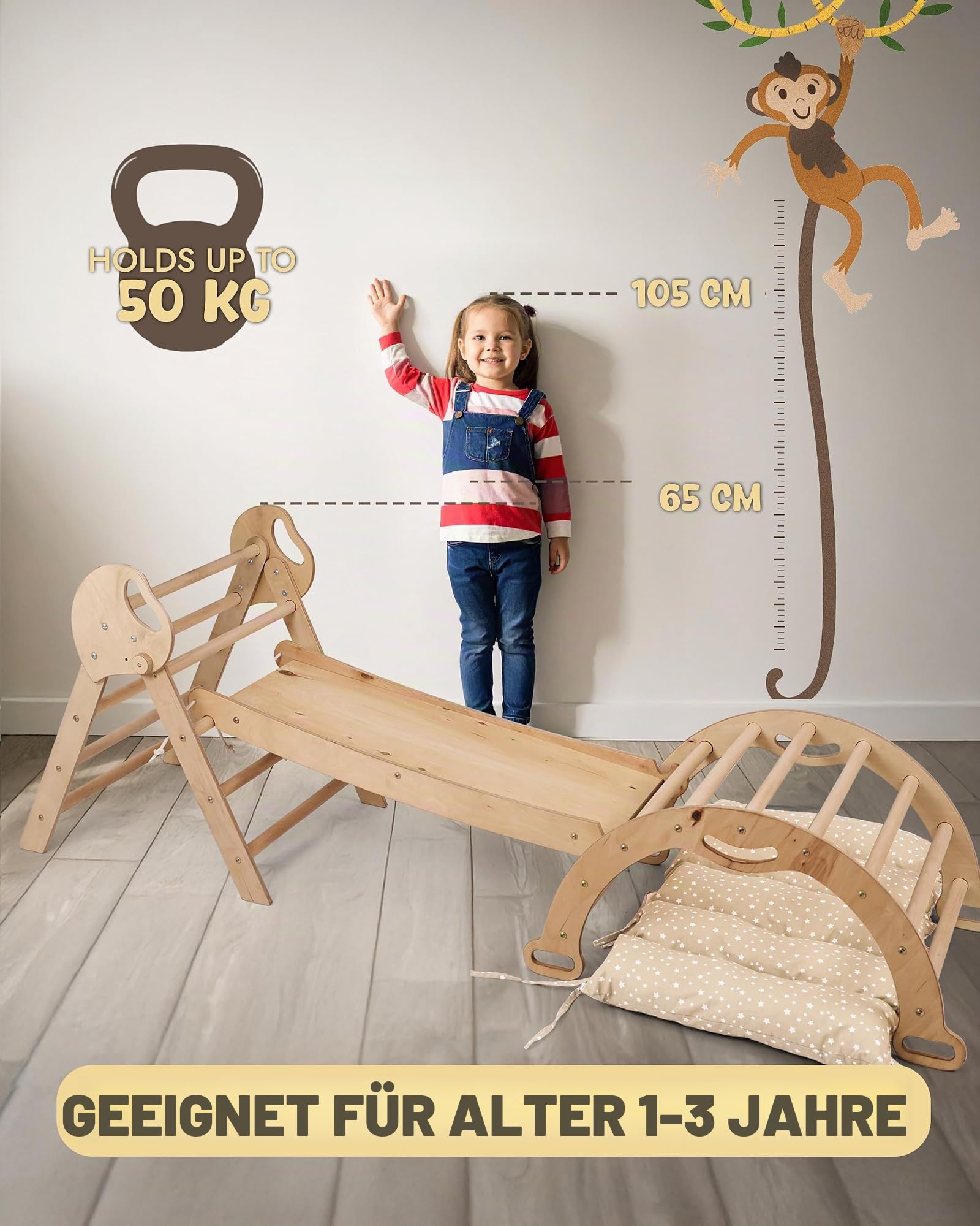 Goodevas Montessori Kletterdreieck Set | Klettergerüst Indoor Holz mit Dreieck, Wippe, Rutsche, Kissen & Kunst-Set, Umbaubar, 1-3 Jahre, Beige