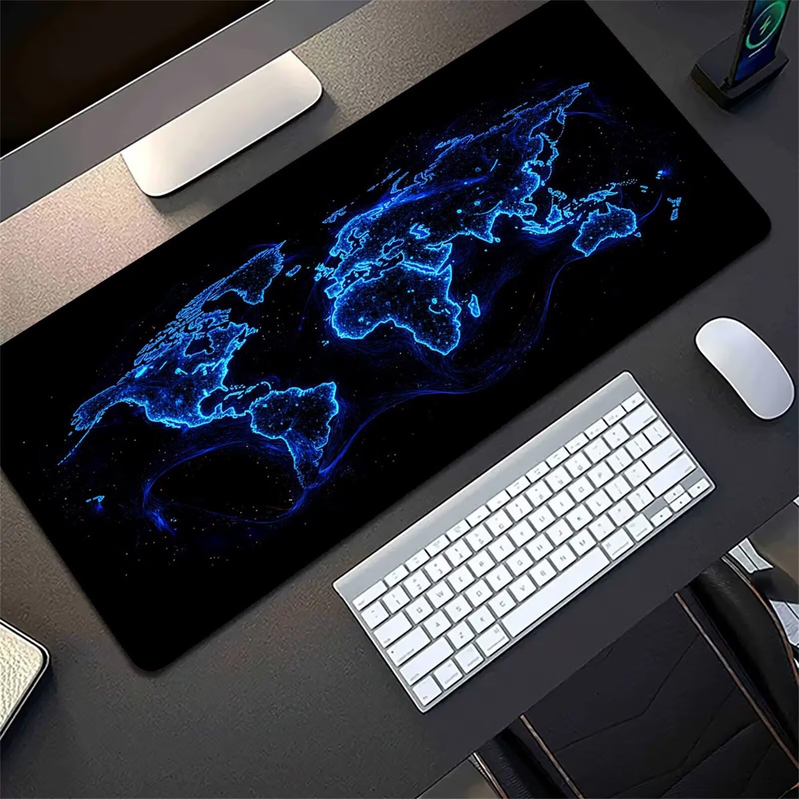 Alfombrilla de Ratón XXL 1200x600x3mm, Alfombrilla de Escritorio Grande Mapa Mundo Azul, Mouse Pad Gaming Antideslizante con Bordes Cosidos para Teclado, PC y Oficina