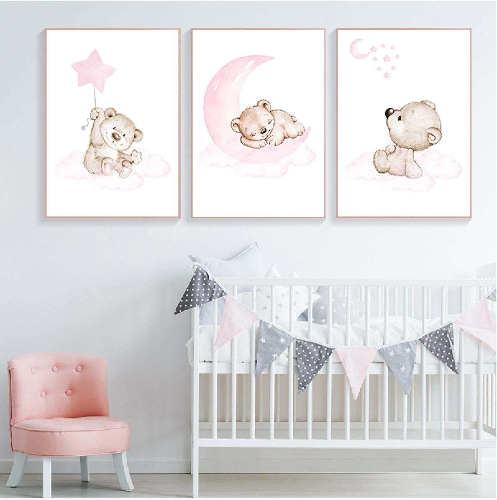 XIANGPEIFBH Toile Peinture Rose Ours Lune Étoile Enfant Pépinière Imprimer Dessin Animé Animal Mur Art Nordique Enfant Chambre De Bébé Décoration Image 50x70cm (20x28in) x3 Sans Cadre
