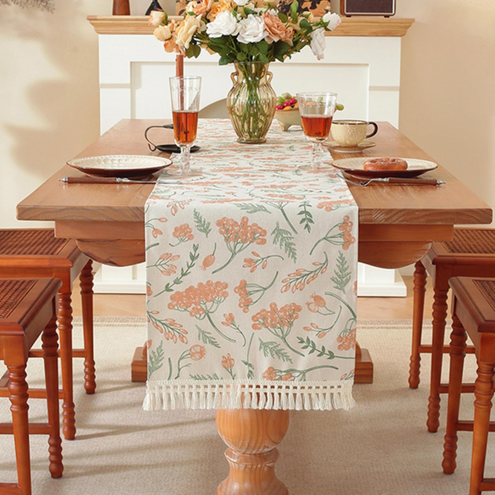 Tischläufer Polyester Modern, Tischläufer Hochzeit 35x350 cm, Leinenoptik mit Blumenmuster