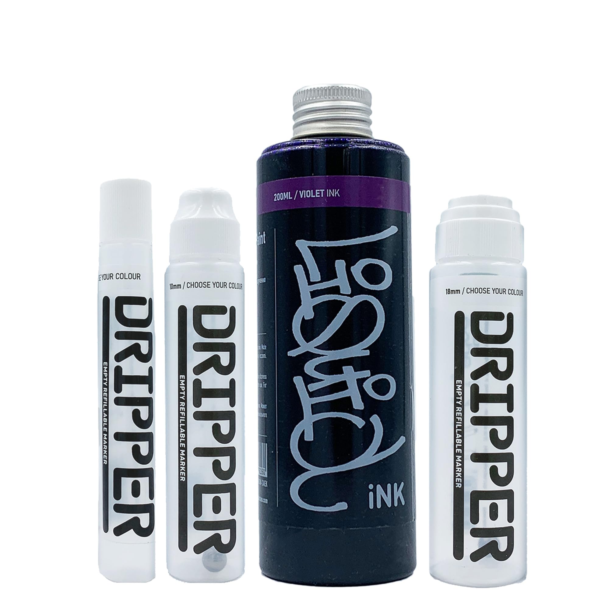 Liquid Ink & Dripper Bundle Dope, Multi Colour Refill & Multi Size Empty Mop Marker Graffiti Art Pack, Permanent 200ml Alcohol Based Paint (Violet)