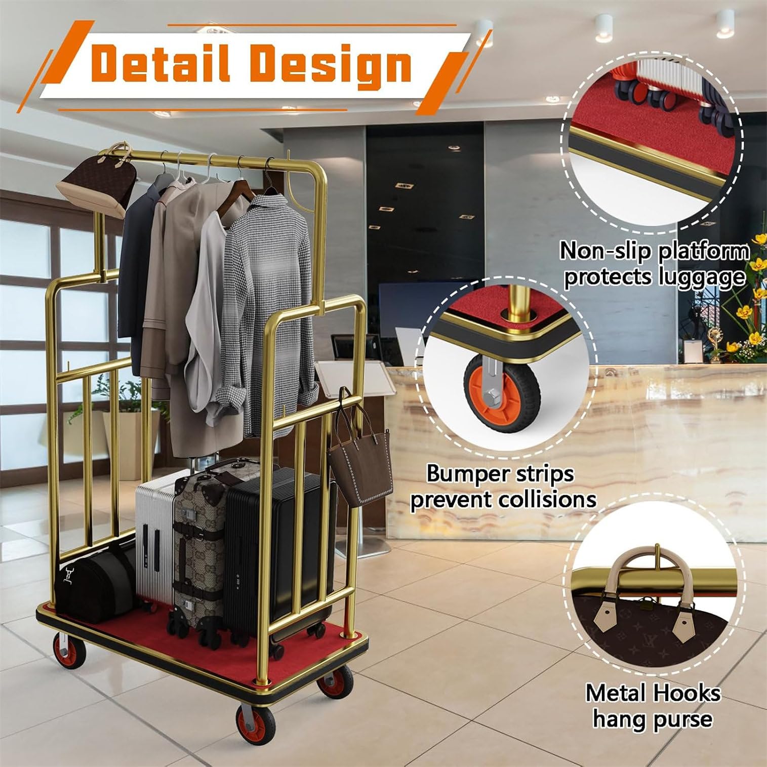 Carro De Equipaje para Hotel (42" X 24") con Ruedas De 6" Gold