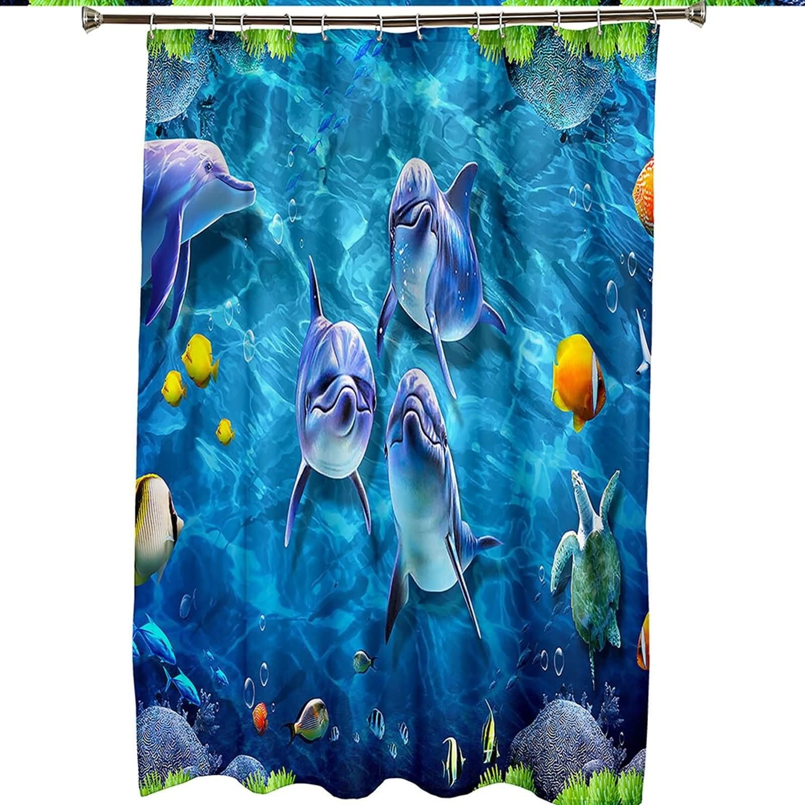 Duschvorhang 180X200, Duschvorhang Textil Waschbar Blau Delphin und Fisch Haushaltsduschvorhang