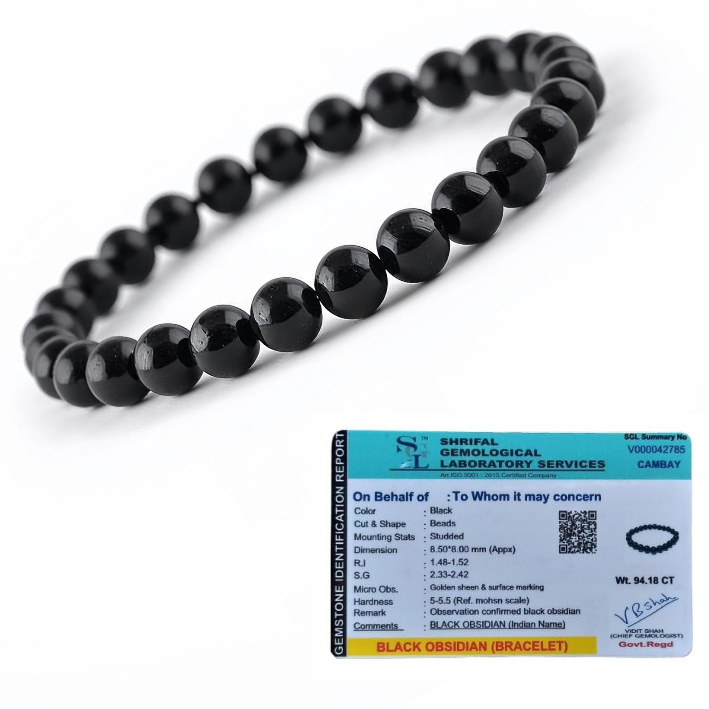 Unisex Natural Certified Black Obsidian - Grounding & Protection Crystal Bracelet (Bead Size 8 MM)