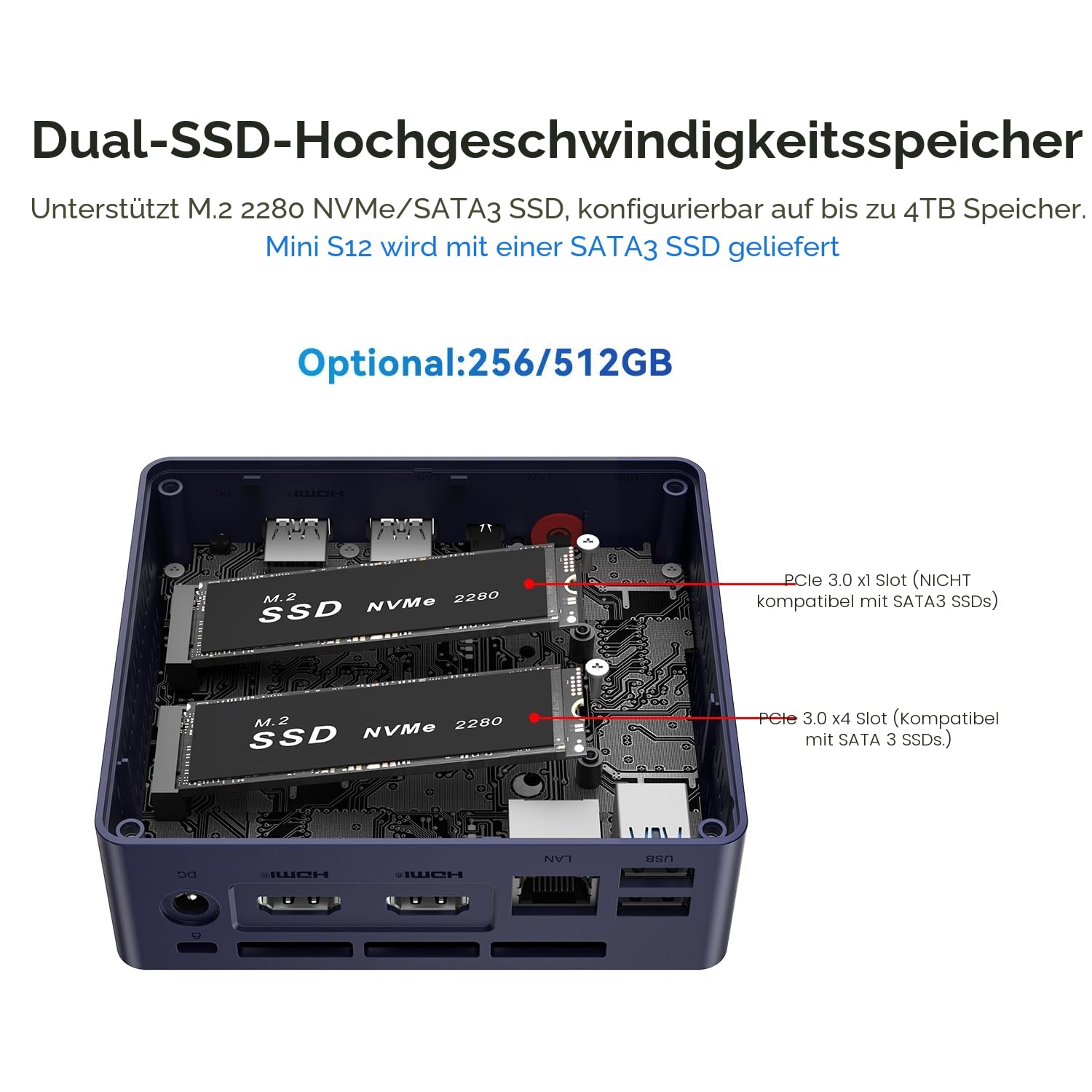 Beelink MINI S12 Pro Mini PC, 12th Gen Intel Alder Lake-N100 Prozessor (bis zu 3,4GHz) Mini Computer Windows 11 Home, 12GB LPDDR5 RAM 500GB SSD Office Desktop-PC, Dual HDMI/WiFi 6/BT5.2/RJ45 2.5G