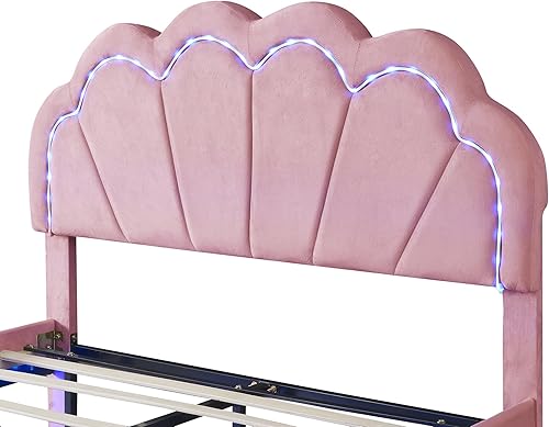 Miniatura 9 de Marco de cama LED inteligente tapizado completo con cabecera de flores, plataforma de terciopelo flotante con soporte de listones de madera, cama