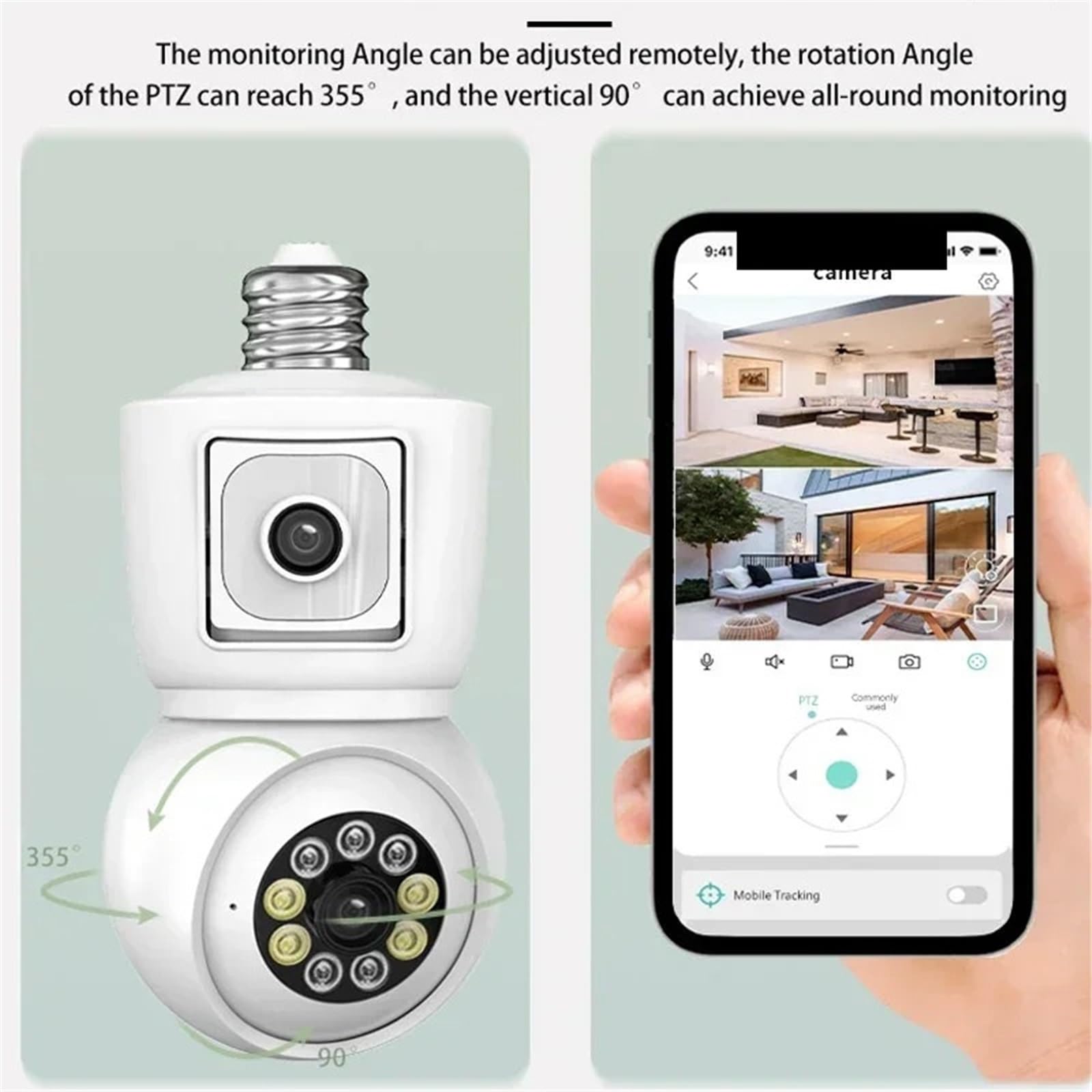 Caméra WiFi 2MP, Ampoule E27, Double Objectif, écran, Suivi Automatique, Audio bidirectionnel, Vision Nocturne Couleur, caméra de sécurité extérieure(Camera Add 32G)