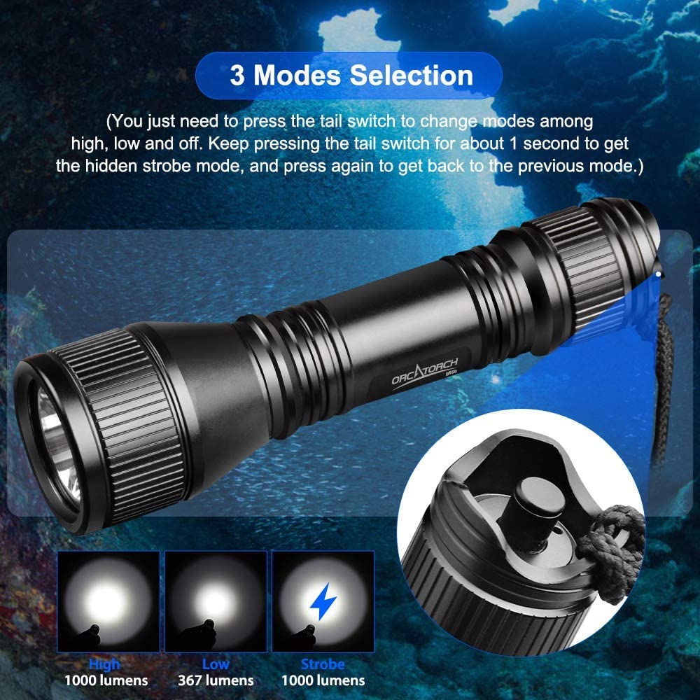 ORCATORCH D550 Tauchlampe mit Tauchhaken, Tauchen Taschenlampe IP68 Wasserdicht,LED Unterwasser lampe mit Magnetschalter für Taucher,Hummer fangen, Unterwassertechnik, Tauchunterricht