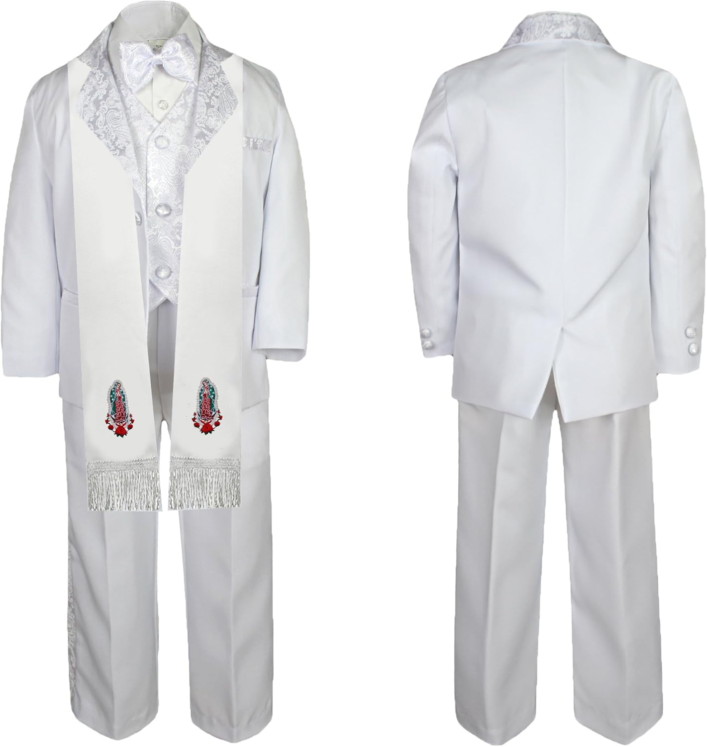 6pc Baby Toddler Boy Notch Paisley Lapel White Tuxedo Suit Guadalupe Stole Sm-20