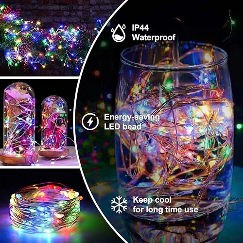 Miniatura 2 de Guirnalda de luces de hadas con temporizador de 33 pies, 2 unidades, 100 luces LED, funciona con pilas, para exteriores, impermeable, para bodas,