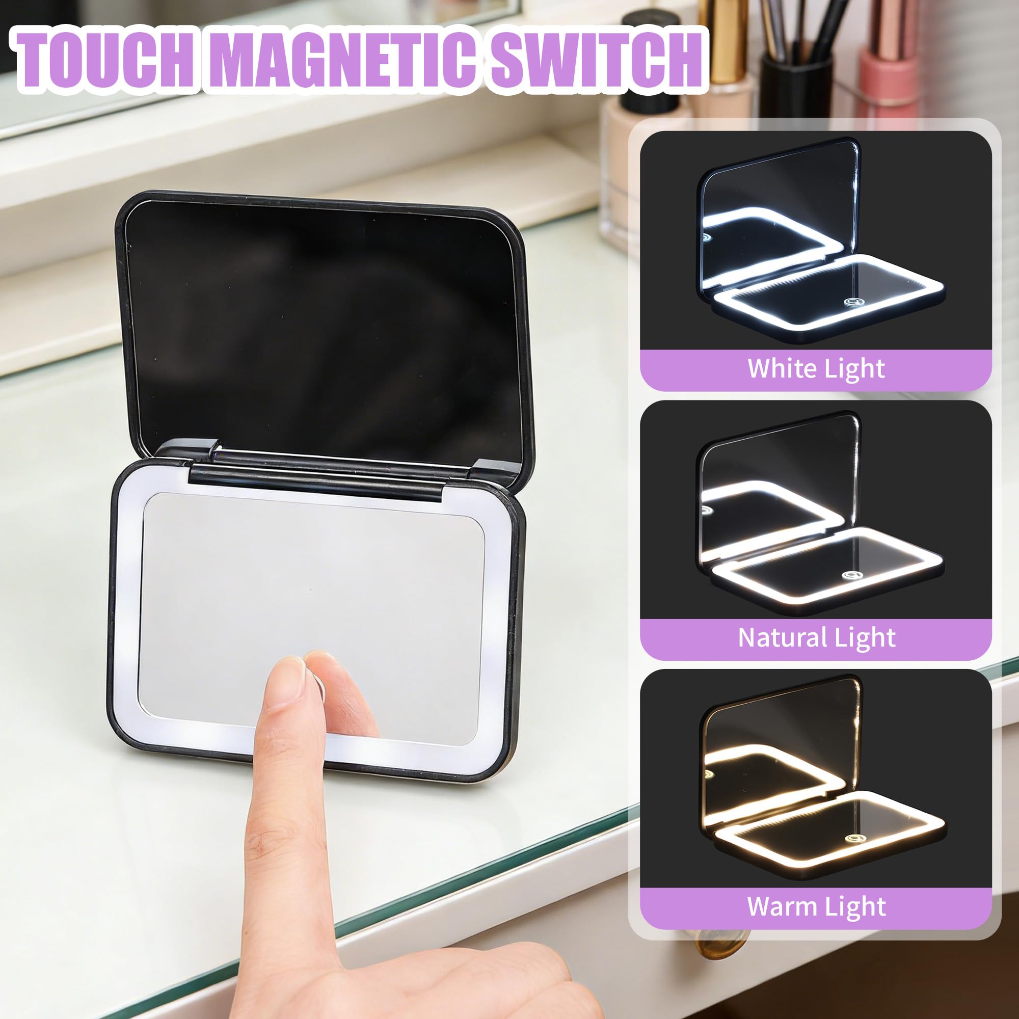 Espejo de Bolsillo con Aumento 1X/2X, Tira LED Tricolor, Brillo Ajustable 5-100%, Batería Integrada, Carga USB-C, Blanco/Negro