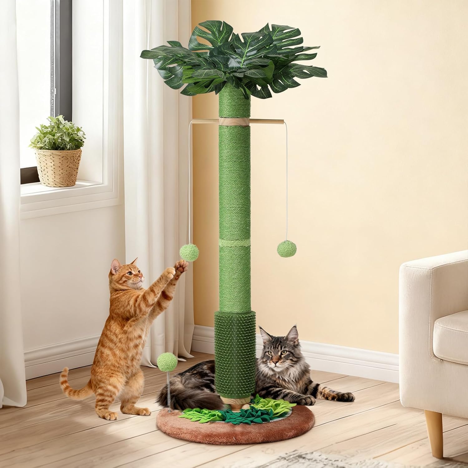 Cat Scratching Post, 40" Tall Palm Tree Scratch Post for Cats, Sisal Scratching Posts for Indoor Cats Adults with Hanging Cat Toys, Self-Grooming Brush, Snuffle Mat and Interactive Wooden Ball Track