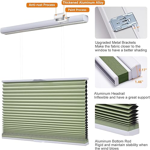 Miniatura 2 de Persilux Persianas celulares personalizadas 100% opacas, persianas abatibles hacia abajo para ventanas, persianas de panal sin cordones para
