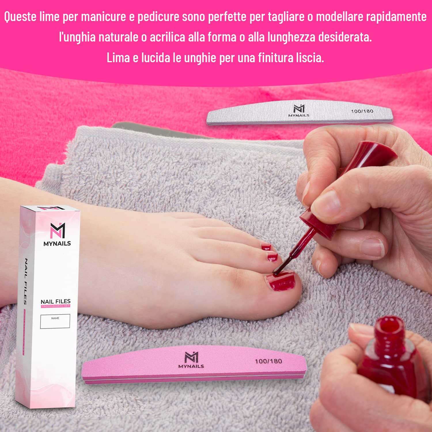 MYNAILS - Lima professionale per unghie, set di 5, 2 lime per unghie mezza luna 100/180, 2 buffer unghie bianche 180/180 e 1 lime per unghie Buffer mezzaluna rosa e bianco 100/180, confezione