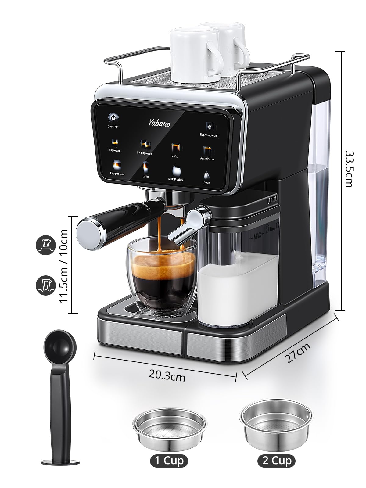 Yabano Máquina de café espresso, 20 bares, con espumador de leche automático de 500 ml, 6 bebidas, pantalla táctil a color, depósito de agua de 1,5 L, cafetera capuchino y latte, 1450 W