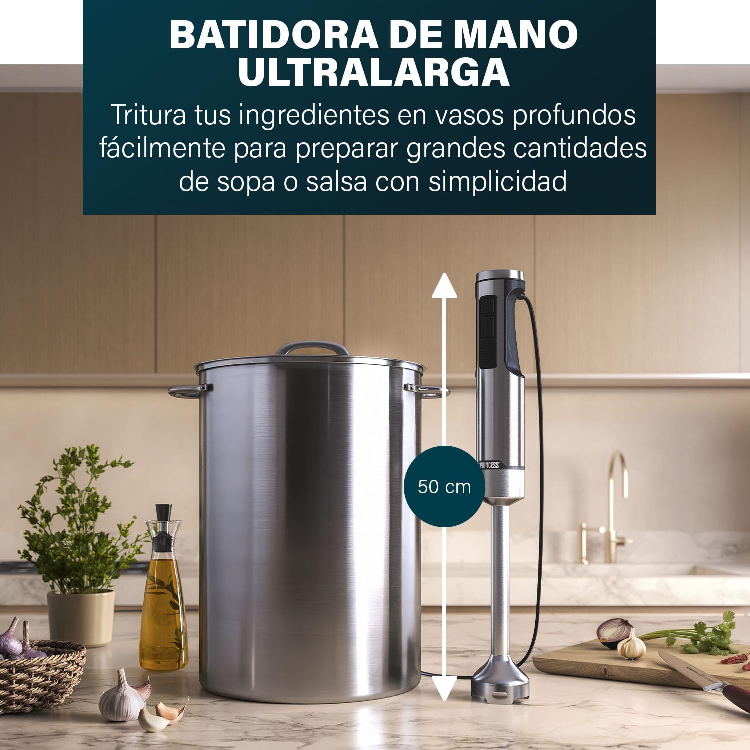 Princess Batidora de Mano de Acero Inoxidable Prof XXL, 1500W, Brazo Extra Largo 50 cm, 5 Velocidades + Turbo, 4 Cuchillas, Vaso con Tapa Antideslizante, Apta Lavavajillas, 221233