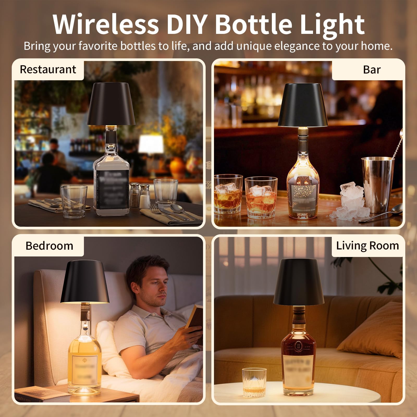 Lámparas LED para Botella 2 Piezas, Lámparas de Mesa Inalámbricas Recargables para Interior y Exterior – 3 Temperaturas de Color, Regulación Continua, IP54, Cuerpo Metálico, 5300 mAh, Negro