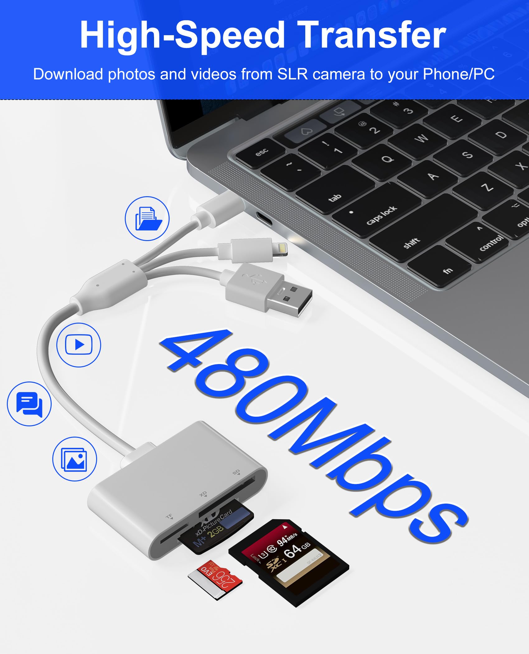 Lector de tarjetas XD, lector de tarjetas SD para iPhone/Lightning/USB C/USB, 3 en 1 MicroSD/SD/xD, lector de tarjetas de memoria, adaptador de teléfono, uso para Android, iPhone 16/15/14, iPad