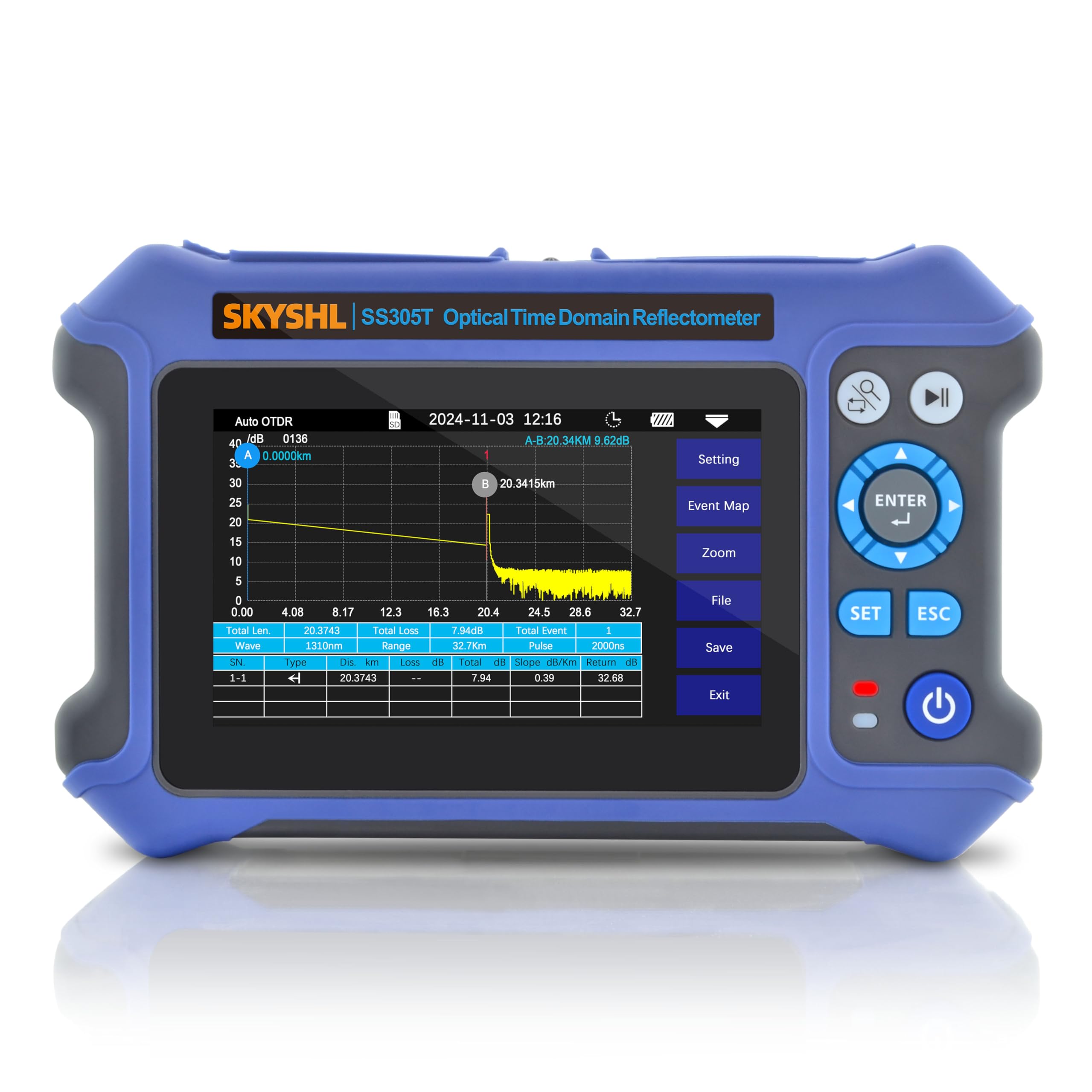 1310nm/28dB+1550nm/26dB SM Fibra OTDR Tester con OPM+10G OPM+OLS+VFL+Mappa degli Eventi+Tester di perdita+Test Multifibre+Test RJ45 con APC&UPC SC+FC+ST+LC-SS305T-2A1