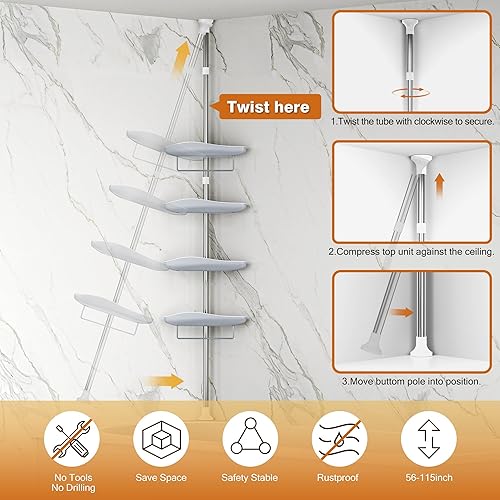 Miniatura 6 de Epicano Estante esquinero de ducha de 56 a 115 pulgadas, estantes de ducha ajustables de 4 niveles con poste de tensión, organizador de ducha