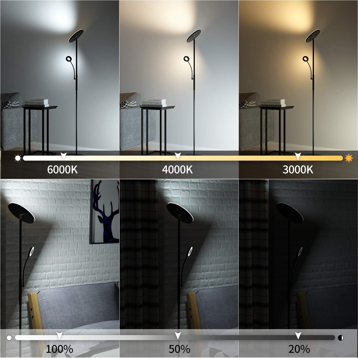 Modlicht 35W Lampara de Pie LED Negro, 4200lm Lámpara de Pie Salon con 6 Modos, 3000-6000K Lámpara Pie Regulable con Control Remoto & Táctil & 1H Timer, Lampara Pie Lectura para Dormitorio, Oficina