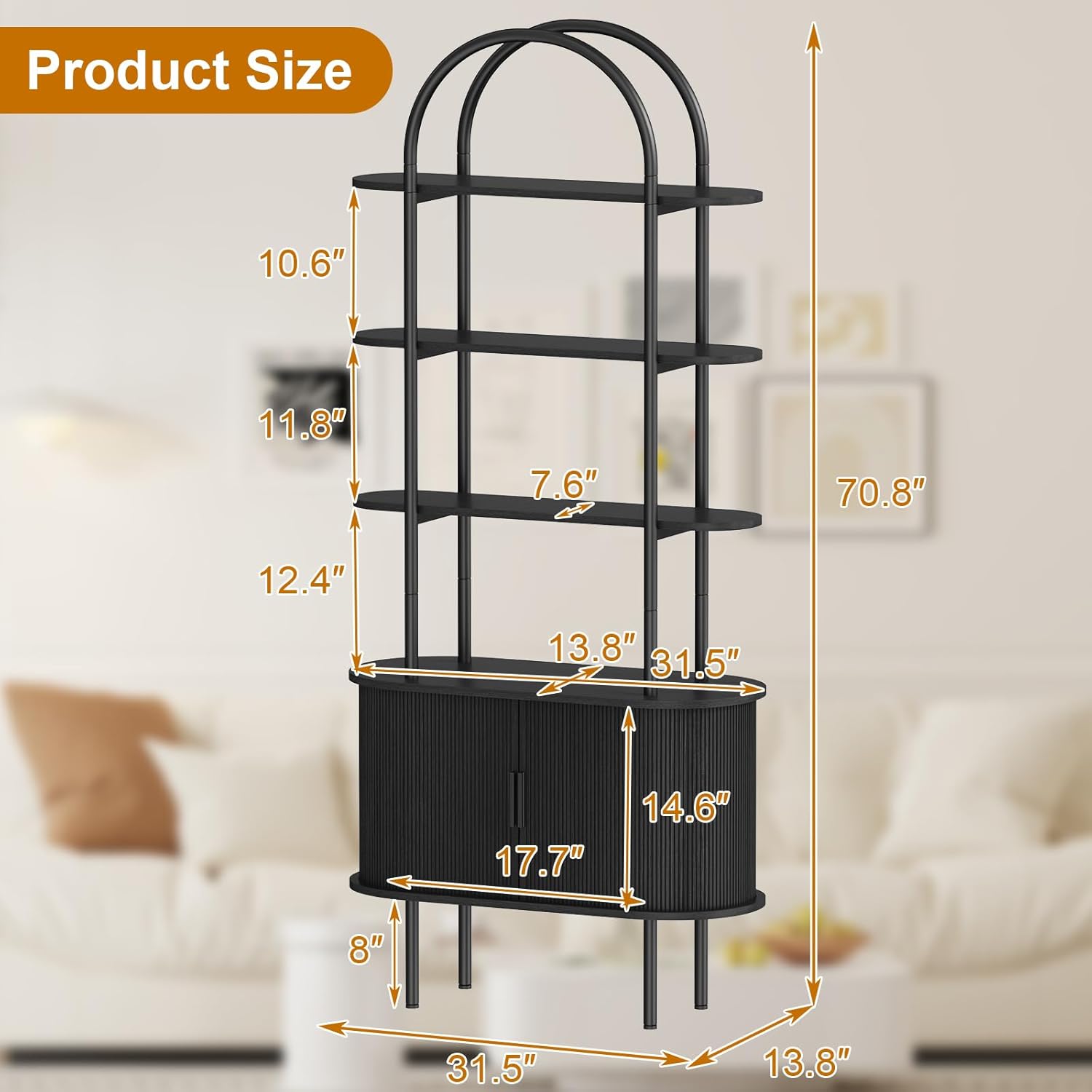 71" Tall Arched Bookshelf with Sliding Tambour Doors, Mid Century Modern Curved Metal Frame Bookcase, 4-Tier Storage Display Shelving for Living Room, Bedroom, Home Office (Black)