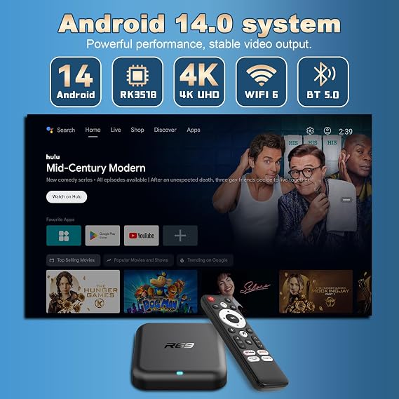 Android 14.0 TV Box with 2GB RAM 32GB ROM RK3518 Quad-core ARM Cortex-A53 | Mali-450 GPU,R69 Smart Tv Box Support 4K HD 2.4G/5G WiFi Bluetooth 5.0 10/100M Ethernet USB3.0 H.265