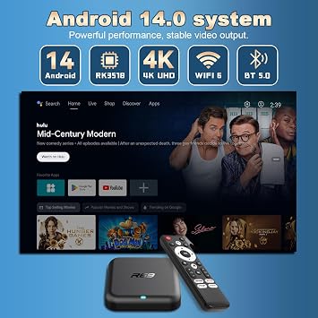 Android 14.0 TV Box with 2GB RAM 32GB ROM RK3518 Quad-core ARM Cortex-A53 | Mali-450 GPU,R69 Smart Tv Box Support 4K HD 2.4G/5G WiFi Bluetooth 5.0 10/100M Ethernet USB3.0 H.265