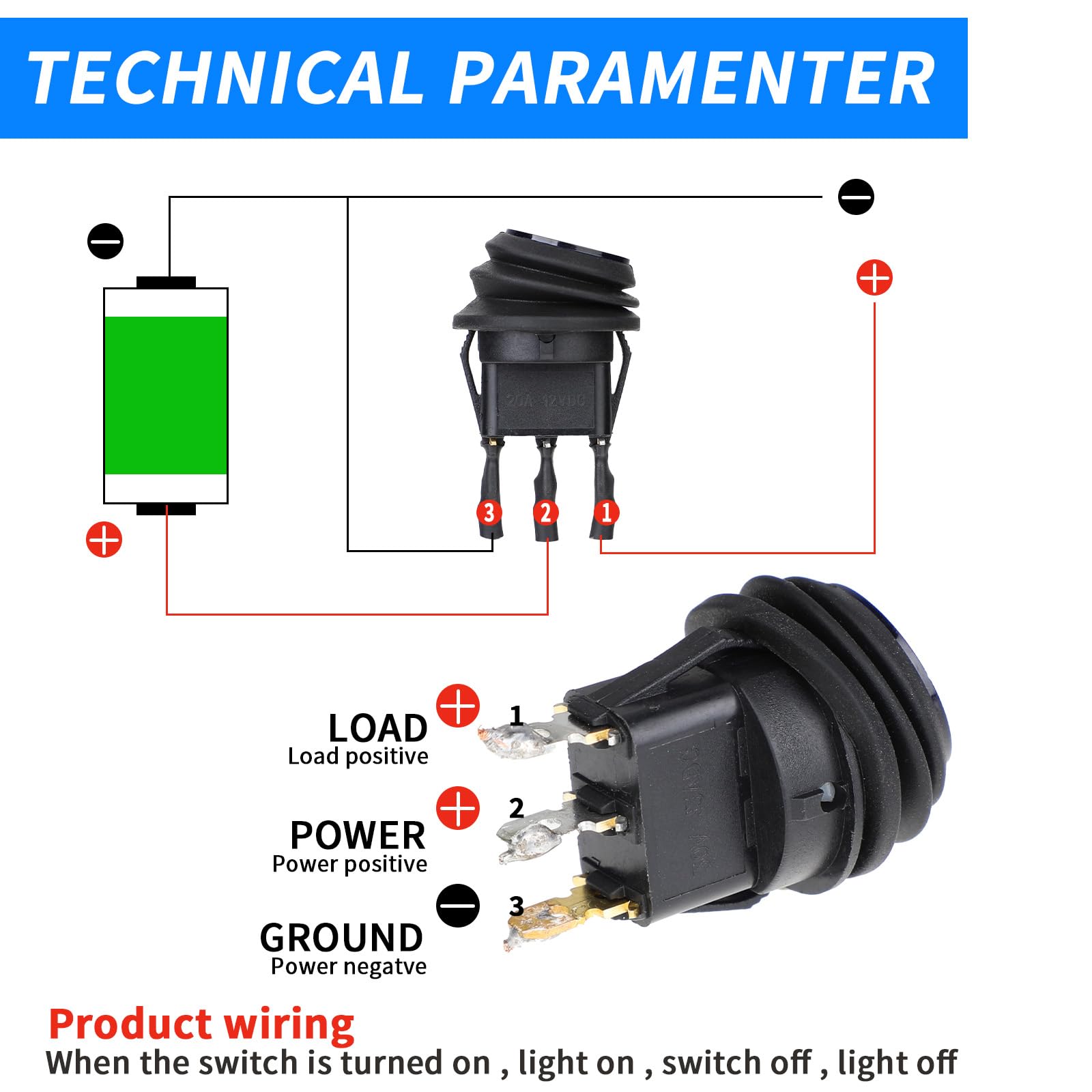 Zestaw 4 okrągłych przełączników wodoszczelnych 12 V, 20 A, SPST, 3-pinowe niebieskie diody LED ON/OFF 20 cm, wstępnie okablowane