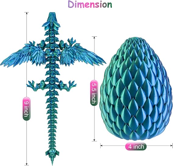 Dxldfks 3D Printed Dragon with Egg, Articulated Crystal 9 Winged Dragons and 5.5 Eggs for Easter Basket Stuffers Home Office Decoration Gift, Bluegreen