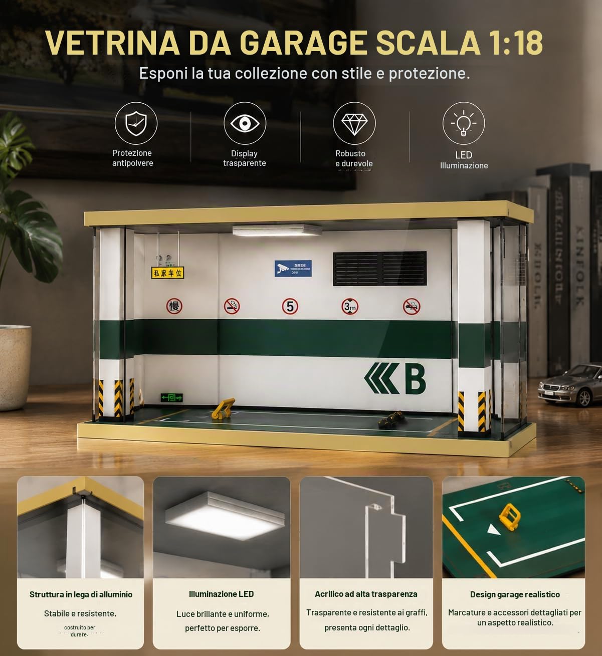 WANLIAN Vetrina LED per Modellini Auto 1:18, Acrilica | Vetrina acrilica con LED per modelli 1:18, 1:12 e collezioni