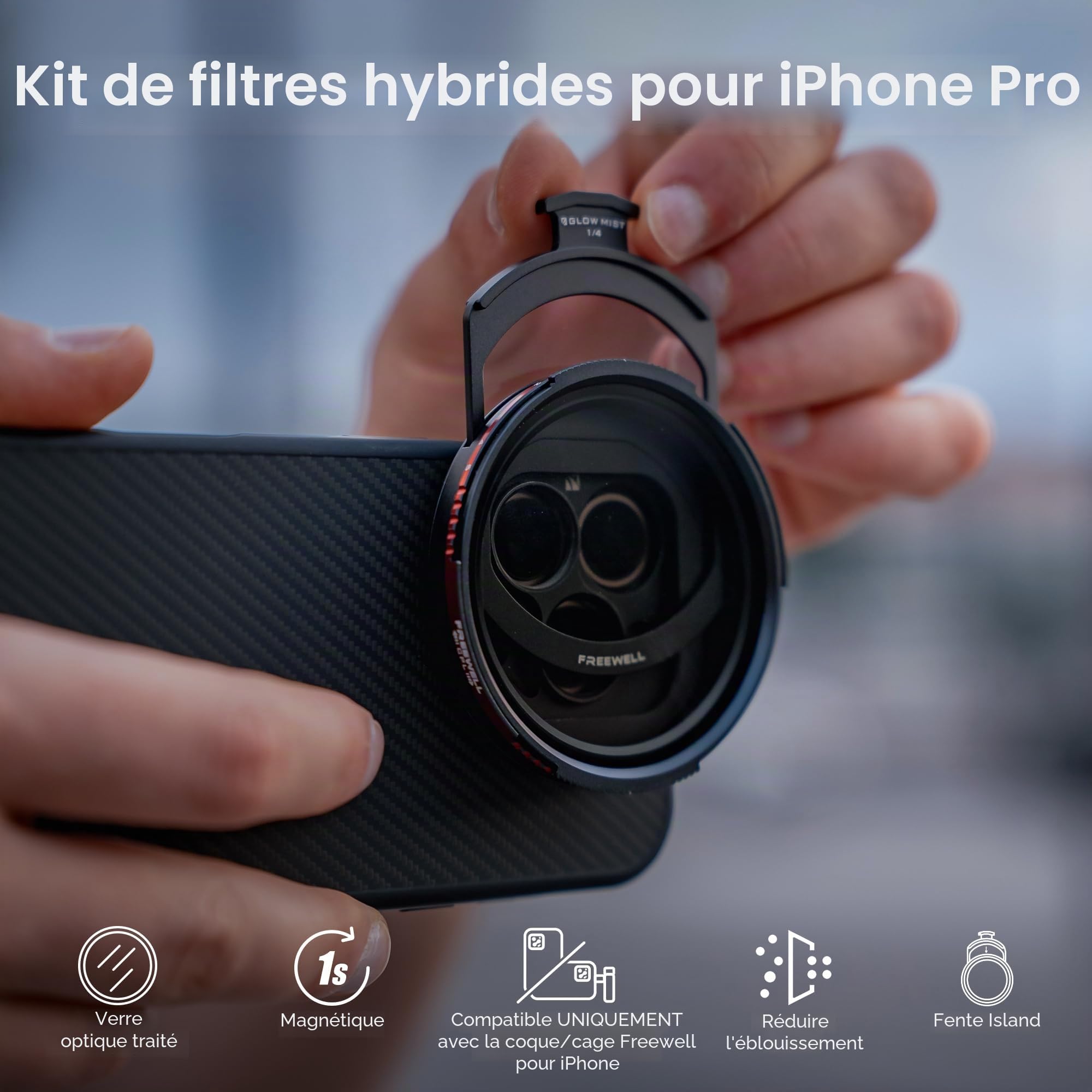 Filtre magnétique Freewell Pro Hybrid 1 à 10 arrêts Variables ND/CPL avec ND32, dégradé Doux 1.2, Black Glow Mist, Compatible avec Coque Freewell et Cage iPhone.