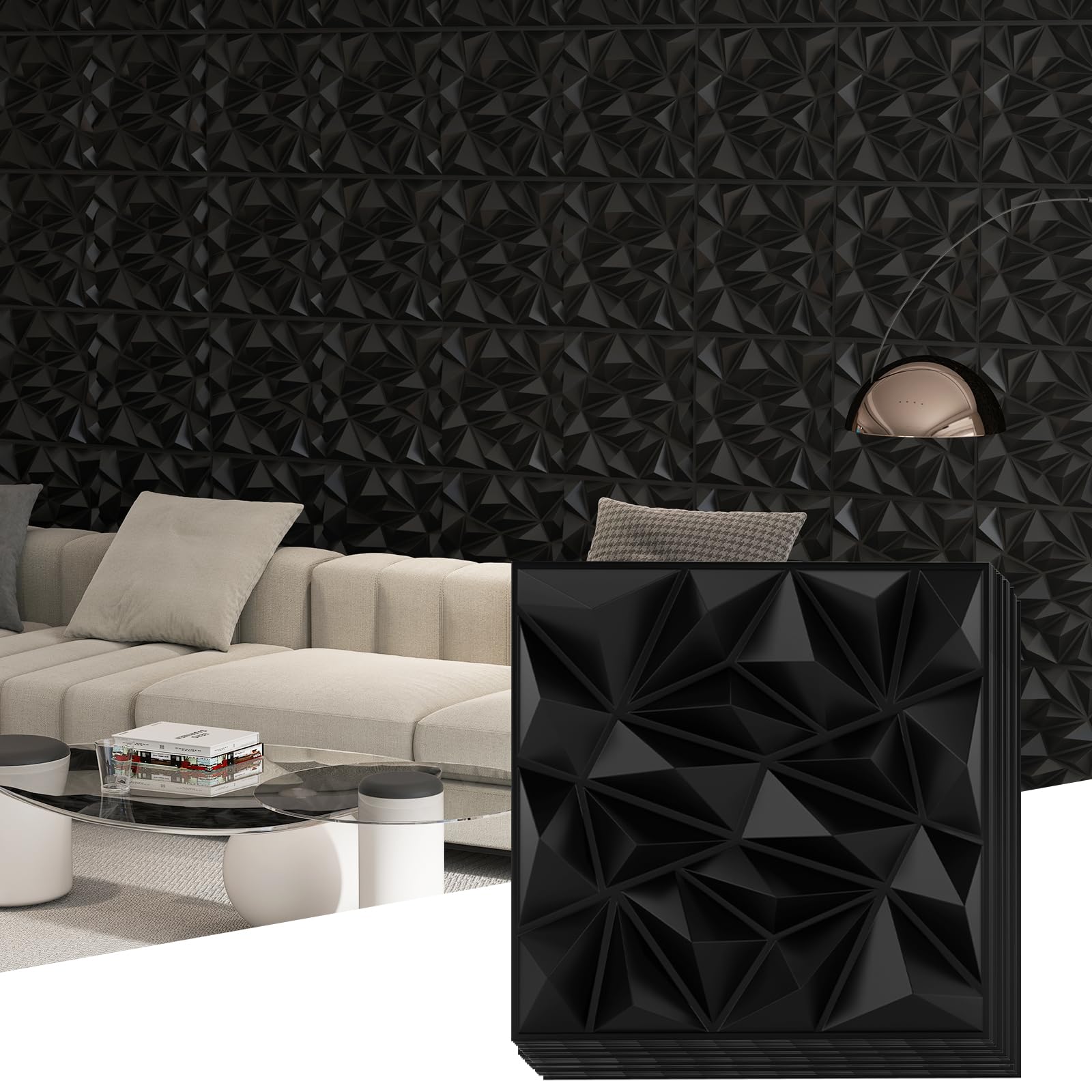 COSTWAY 40 sztuk paneli ściennych 3D, diamentowe, 50 x 50 cm, okładzina ścienna do wnętrz, płyty ścienne, panele sufitowe, PCW, 10 m², do salonu, sypialni (czarne)