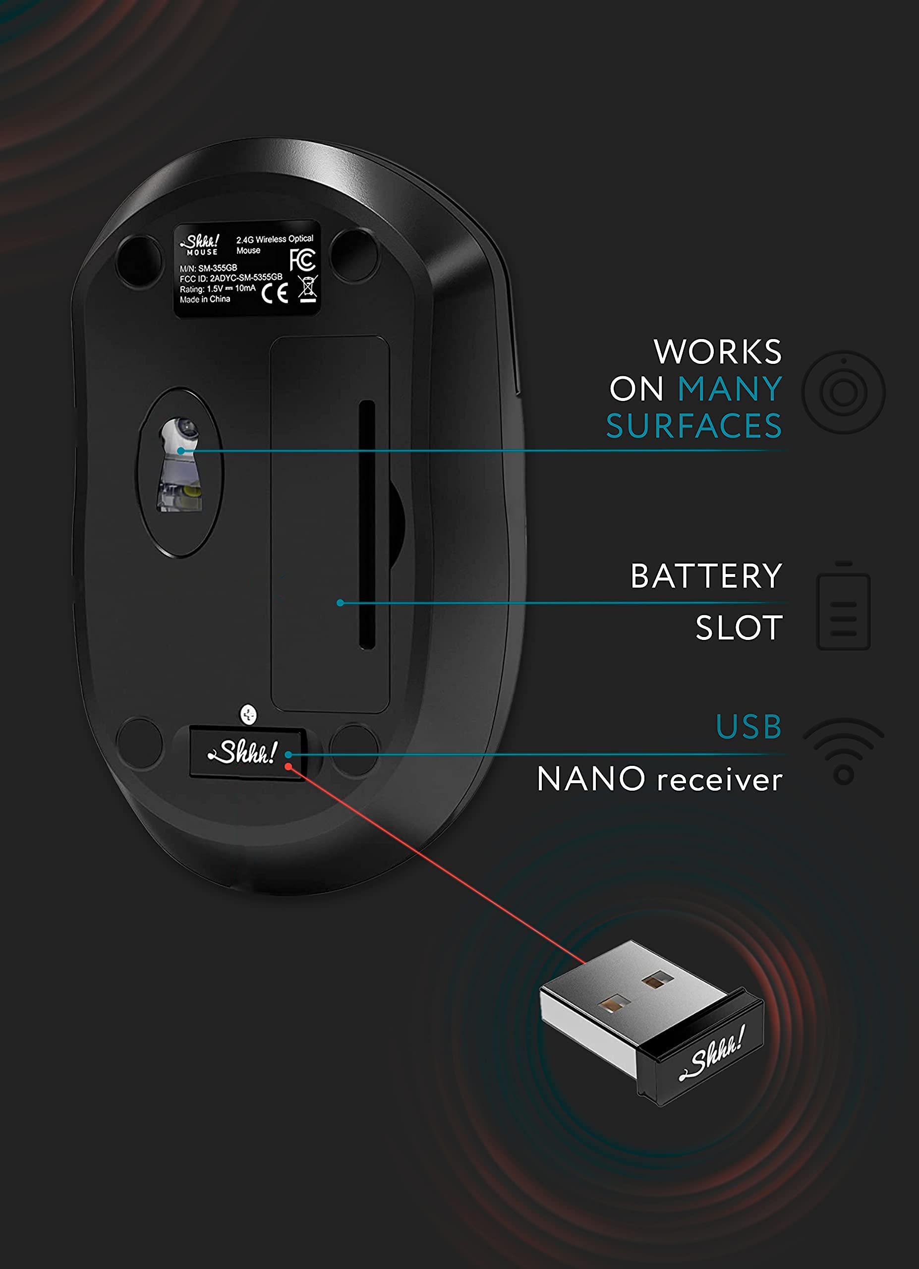 Mouse Wireless Silenzioso, Portatile e Pronto All’uso, Batteria Inclusa, Compatibile con Mac e PC (Nero)