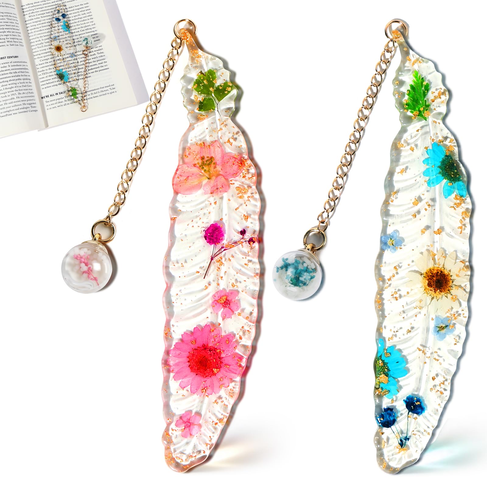 AUAUY 2 PCS Pressed Flowers Resin Bookmarks, Dried Flowers Feather Bookmark with Glowing Glass Bead Chain, Exquisite Reading Accessories, Book Lover Gifts for Women, Teachers, Students(Pink & Blue)