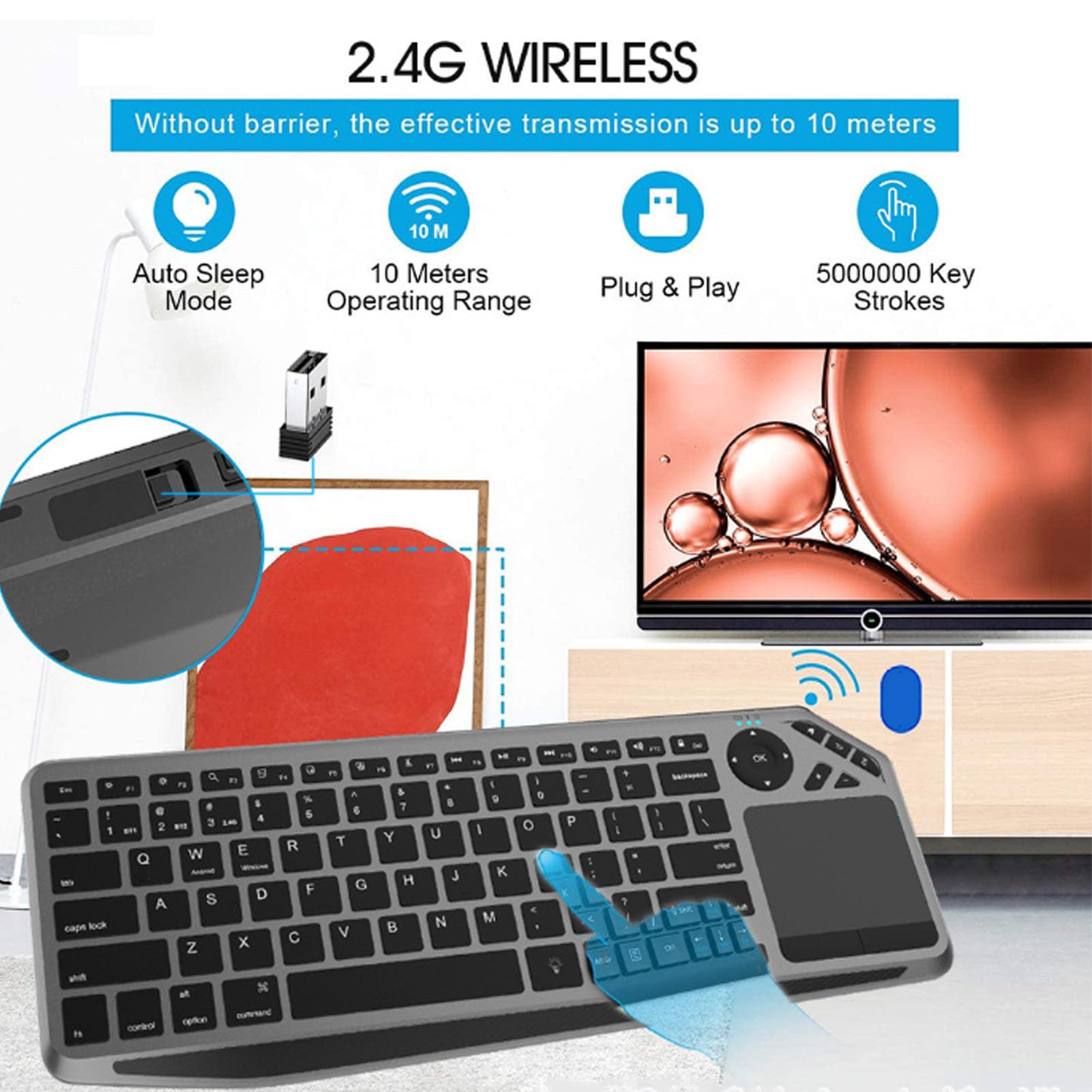 Klawiatura WL Touch TV z łatwym Sterowaniem Multimediowym Skrótem i Wbudowanym w Touchpad, 2,4G WL Bluetooth Touch Ceyboard dla Tabletu Laptopa, 7 Kolorowe Podświetlenie