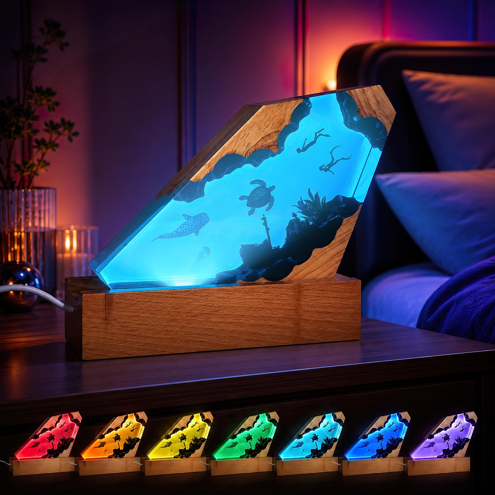 Lámpara Océano Resina Epoxi, Luz Nocturna 7 Colores Regulable Base Madera | 3D Lámpara Mesa Acrílico Inastillable Buzo Tortuga Decoración Mar Hecha a Mano Regalo Amantes del Mar
