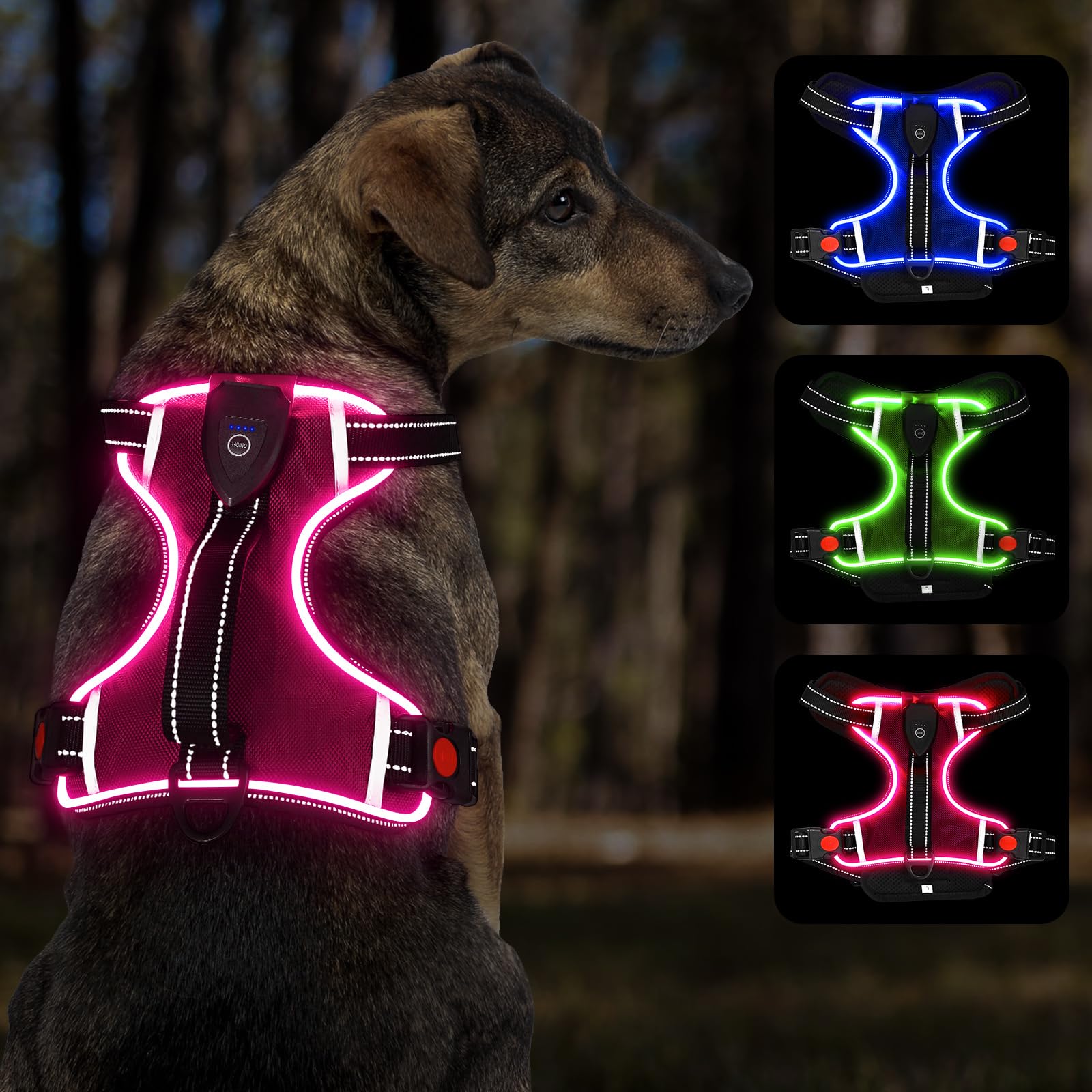 YFbrite Light Up Dog Harness - Rechargeable, Adjustable, Waterproof LED Harness for Small Medium and Large Dogs (Pink, Large)