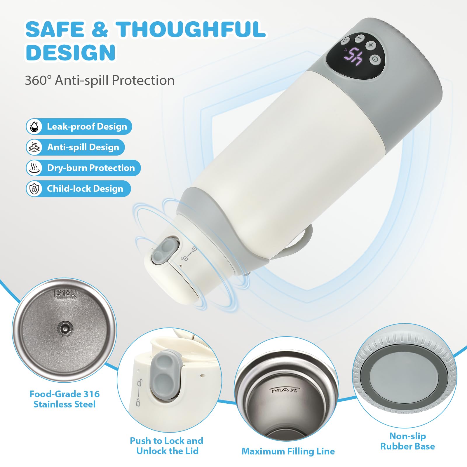 Tragbarer Flaschenwärmer mit 22 Temperaturstufen (37–100°C), 12000mAh Akku, Schnellheizung & Pasteurisierung, 18h Warmhalten, 2 Deckel (Trinkbecher), 316-Edelstahl – ideal für Muttermilch & Wasser