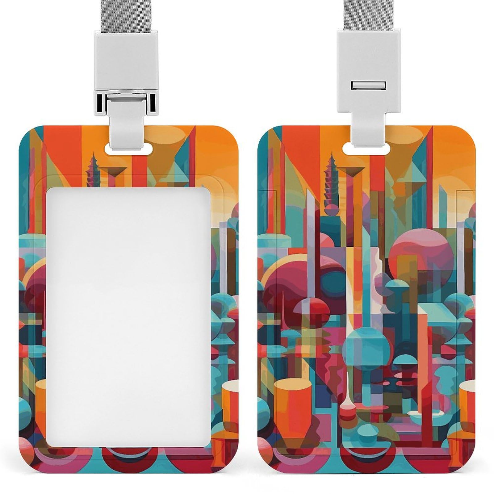 ID Card Holders for Lanyard,A Colorful Painting Printed Badge Holder with Clear Window,Plastic Vertical Bus Pass Holders for Work Teacher Nurse Employees Proximity Key Cards Women Men
