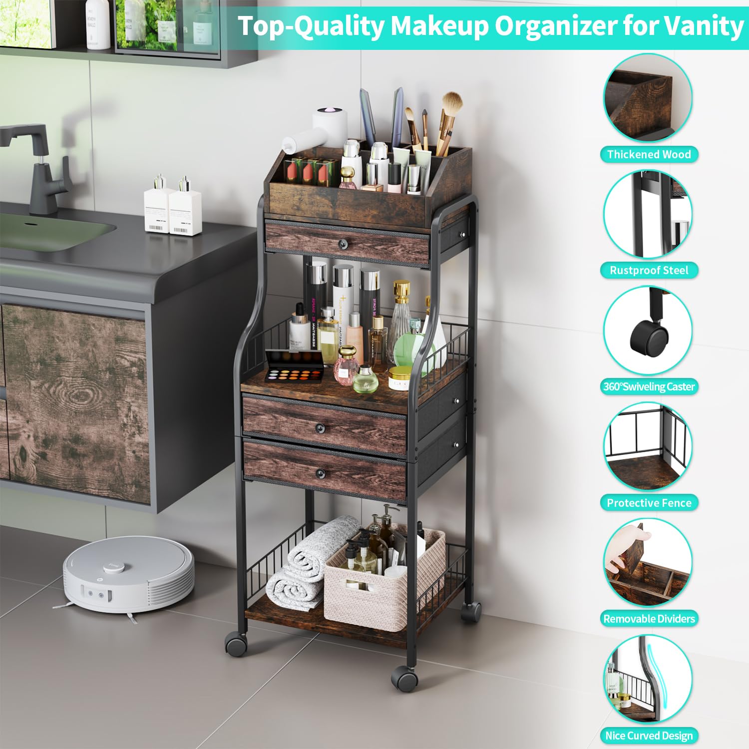 HapiRm Kosmetikwagen mit Rollen Schminktisch Organizer - Vanity Kosmetik Rollwagen mit Schubladen für Hautpflege Nagellack Parfüm Make-up-Pinsel