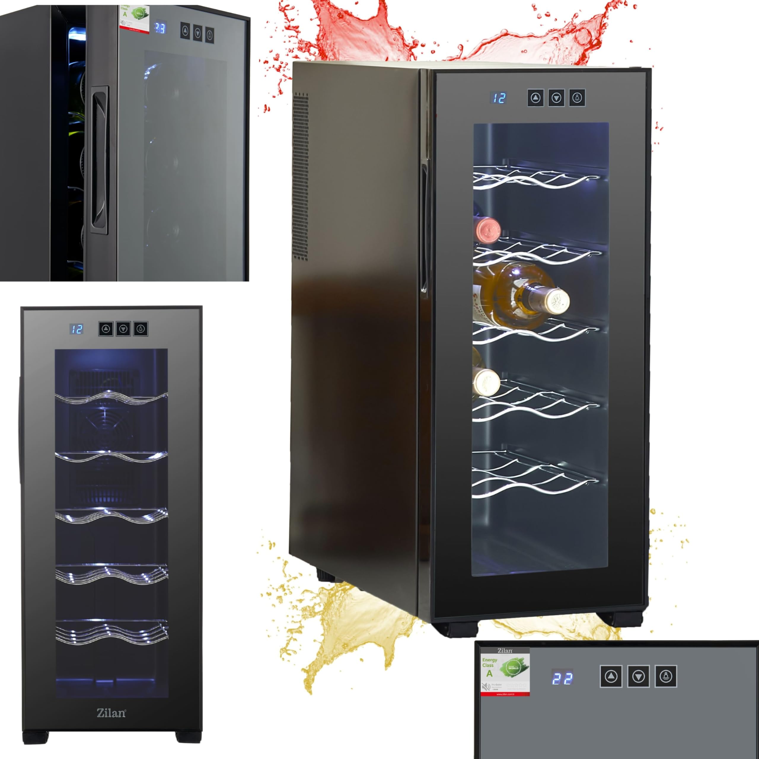 Zilan Refrigerador para vino, independiente, silencioso, 12 botellas, 33 litros, luces LED, enfriador de vino, armario pequeño con clima de vino, mini nevera, minibar con puerta de cristal
