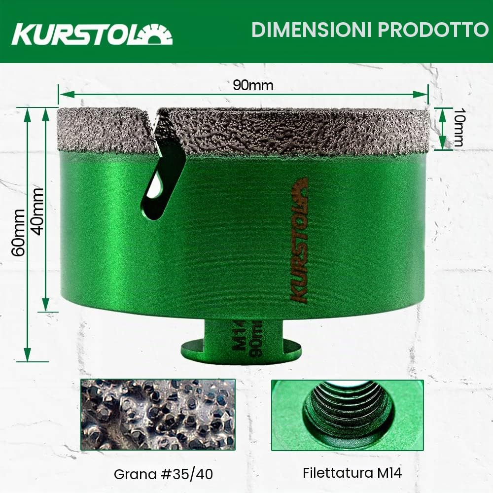 Punte Diamantate per Gres Porcellanato 90mm - Sega a Corona Brasata al Vuoto con Filetto M14 e Dente Fulmine - per Porcellana Piastrelle Ceramica Marmo Granito