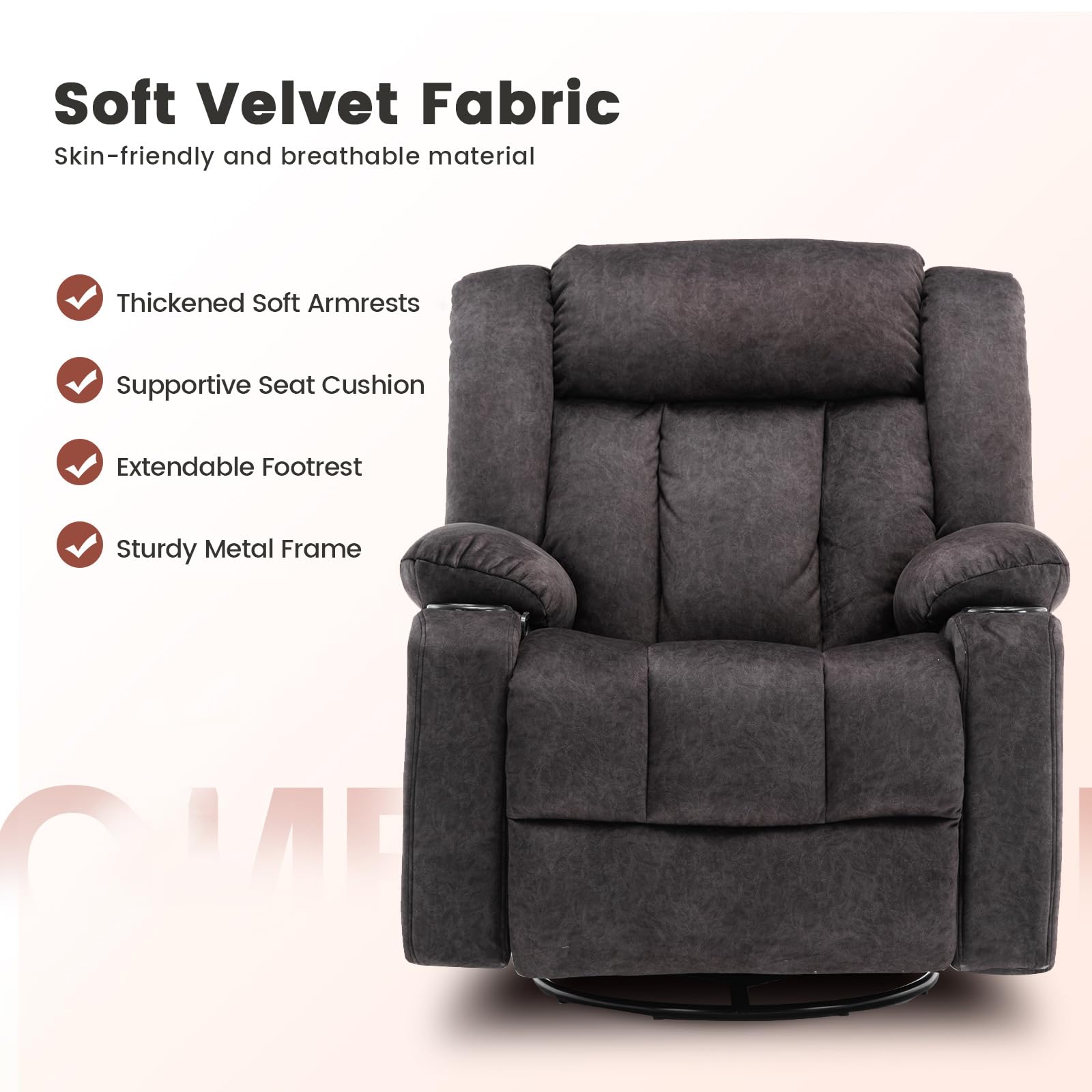 COMHOMA Sillón Reclinable Manual Giratorio para Adultos con Respaldo y Reposapiés Ajustables, Silla de 360° para Salón, Portavasos, Bolsillos Laterales, Tejido Suave, Soporte Ergonómico, Gris