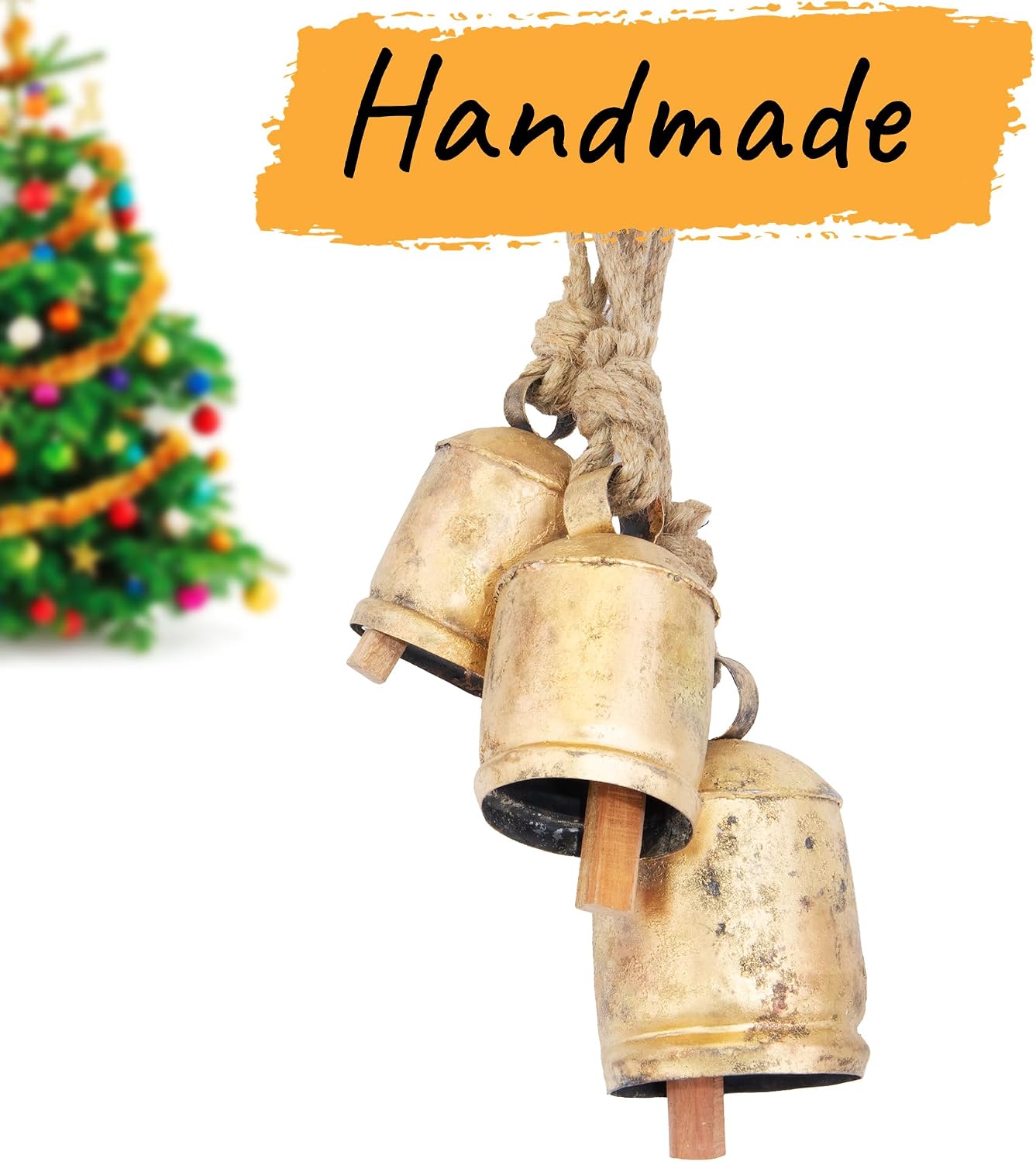 Vintage Rustic Cow Bell Christmas Bell Set - Shabby Chic Holiday Decor - Set of 3 Bells in Various Sizes- Create a Festive Ambiance and Invite Good Luck. (Medium (3.5" 4.5" 5.5" H)
